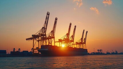 Obraz premium Container ship silhouette of industrial cranes concept. Massive Shipping Port Cranes Silhouetted Against Vibrant Sunset Sky