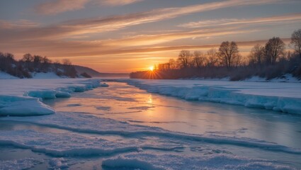 Obraz premium Winter landscape at sunrise with frozen river and ice formations along the banks and trees in silhouette against a colorful sky
