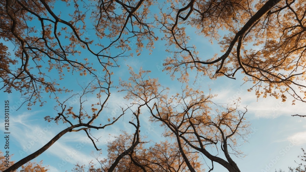 Aufkleber autumn trees viewed from below with clear sky and scattered clouds in the background showcasing seas