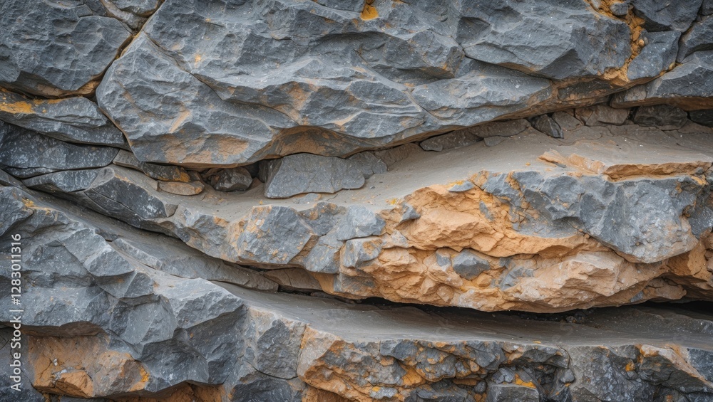 Poster Close-up view of layered rock formations with gray and orange textures and patterns in a natural environment.