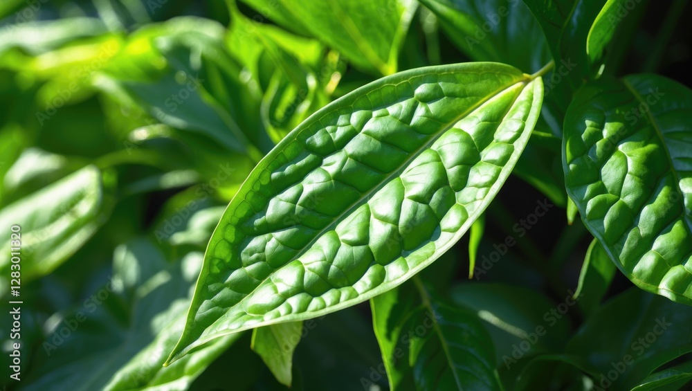 Poster close-up of vibrant green leaves with textured surfaces and natural sunlight highlighting the intric