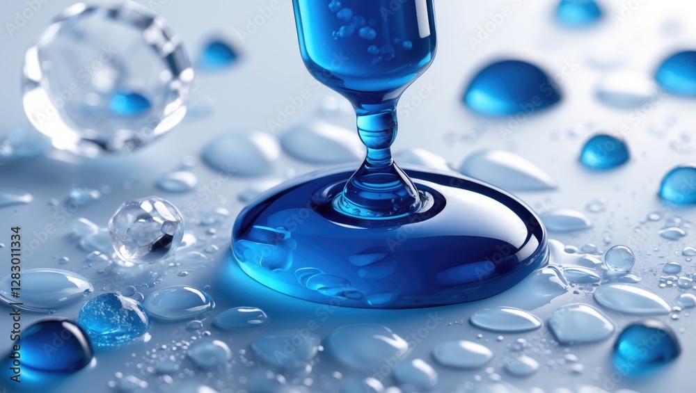 Poster close-up of blue droplets and water beads on a reflective surface with crystal-like shapes and soft 