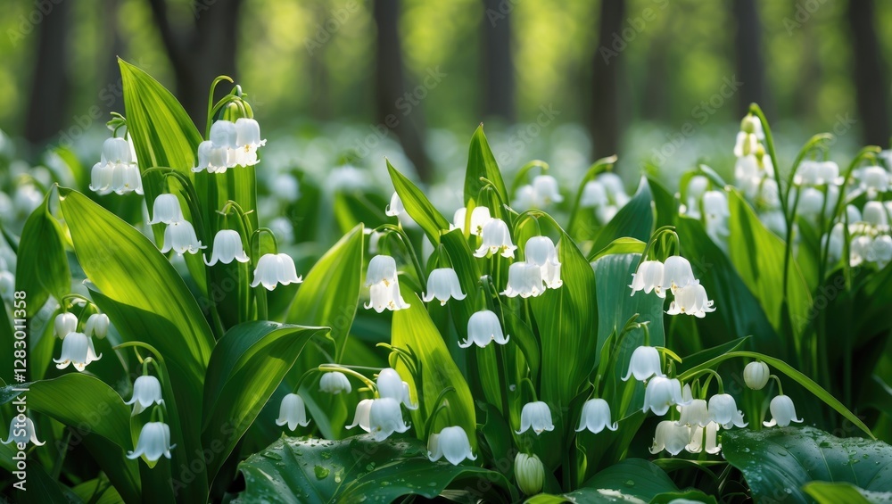Aufkleber lily of the valley flowers in a lush green forest setting with soft sunlight filtering through the t