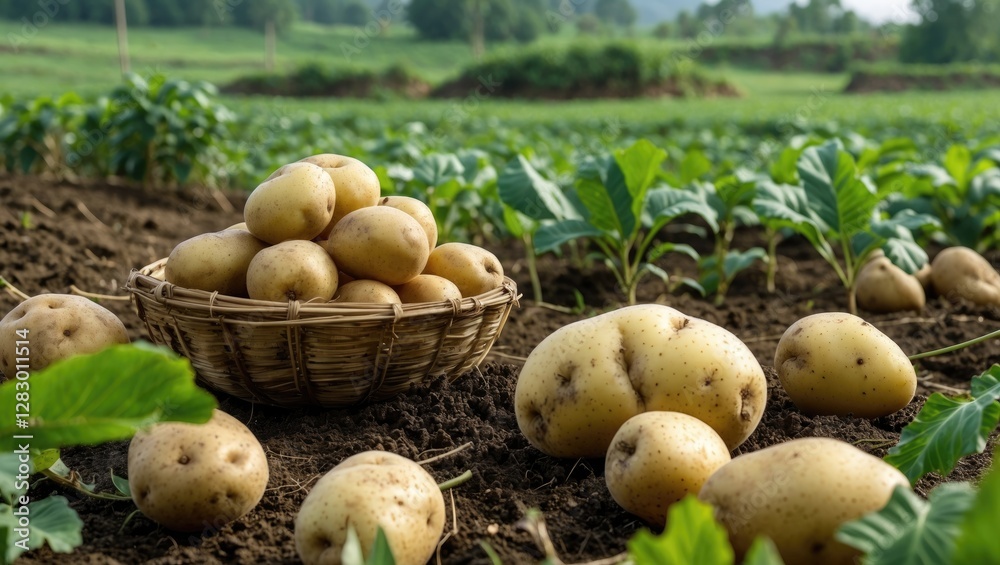 Aufkleber potatoes in basket and on soil in agricultural field with green leaves and trees in background under