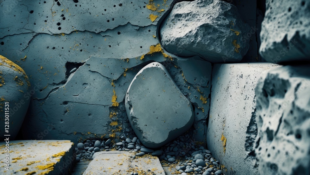Poster abstract background of textured gray concrete wall with boulders and scattered small stones featurin