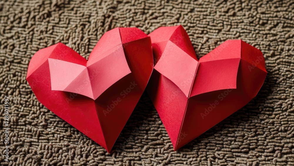 Poster two origami red hearts placed on a textured brown background representing love and affection in a mi
