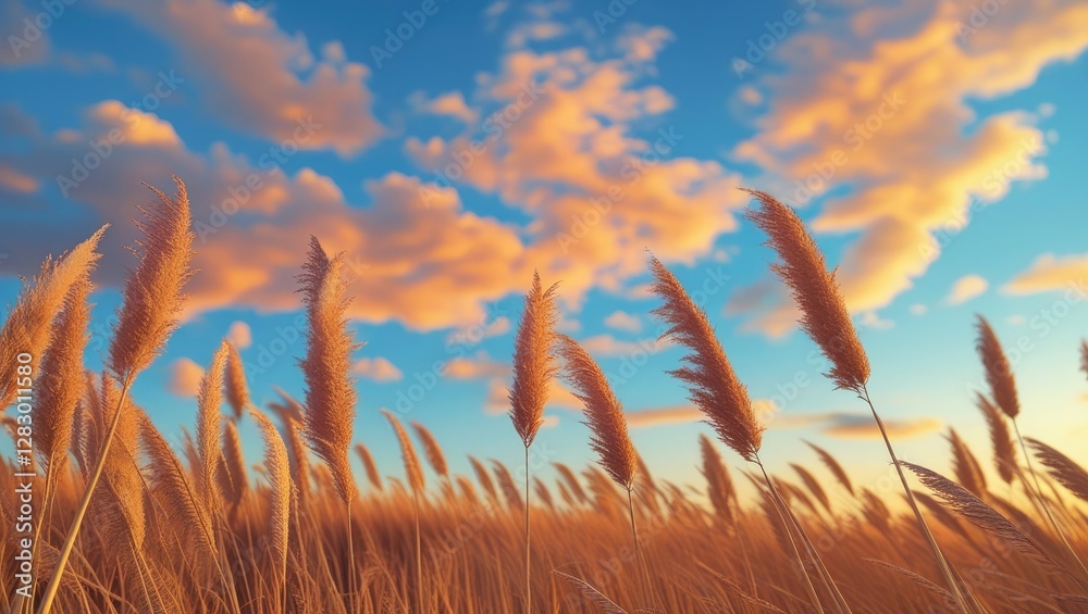 Poster golden grass in a field against a blue sky with scattered clouds during sunset in a serene landscape