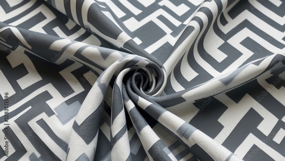 Poster Geometric patterned fabric with gray and white design in a swirling arrangement close-up view