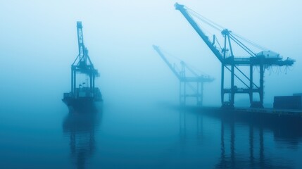 Container ship silhouette of industrial cranes concept. Mysterious Silhouettes of a Shipping Port with Towering Cranes Enveloped in Fog