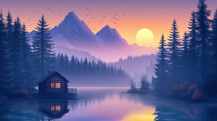 Fototapeta premium Serene Sunset Cabin Lakeside Mountain View