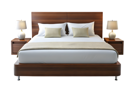 Serene Bedroom Retreat: A beautifully appointed bed with two nightstands and matching lamps creates a cozy and inviting atmosphere for rest and relaxation.