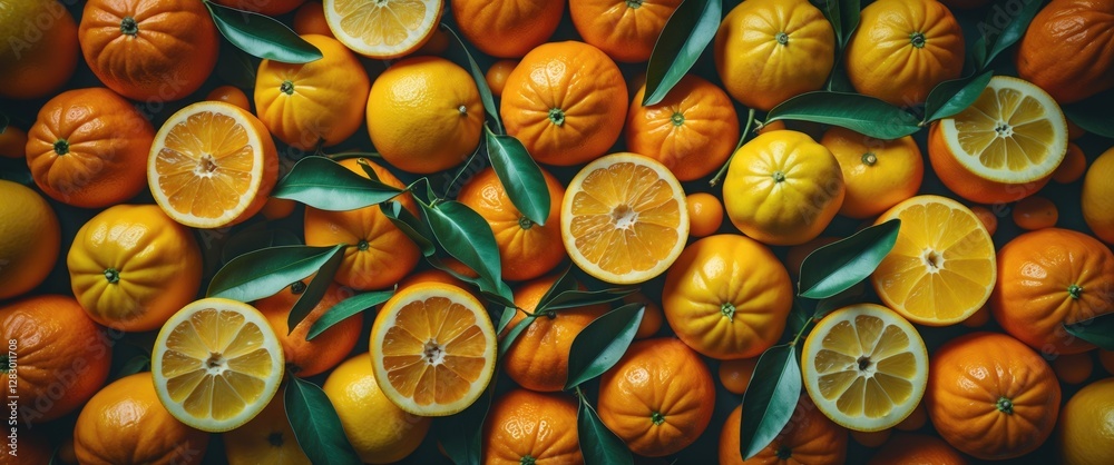 Poster assorted oranges and lemons with green leaves arranged on a flat surface top view detail shot