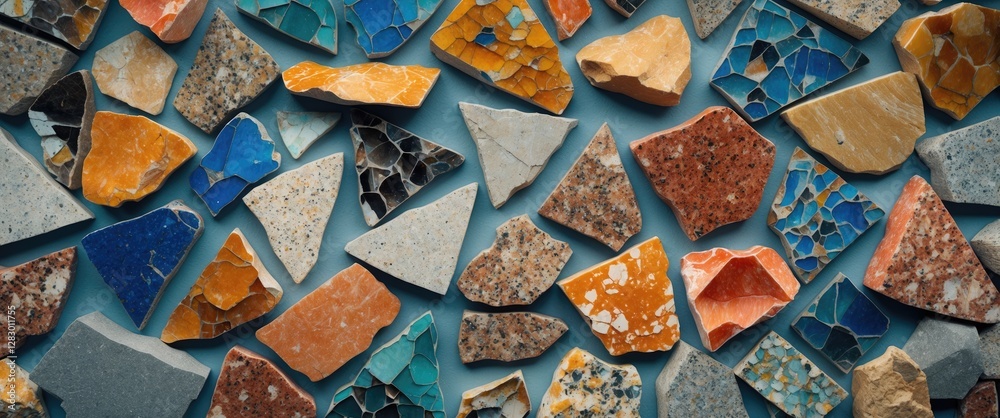 Poster colorful mosaic fragments arranged on a flat surface showcasing various shapes and textures of broke