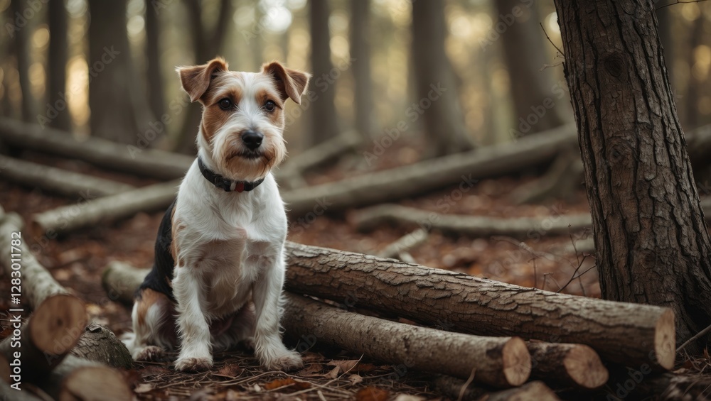 Aufkleber small dog sitting on fallen logs in a dense forest during autumn with soft sunlight filtering throug