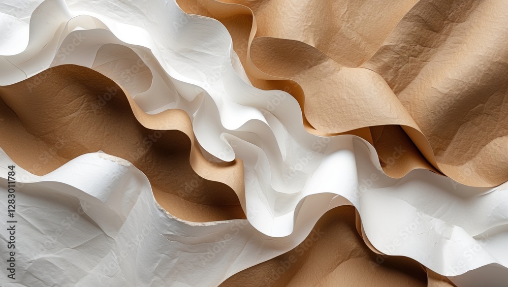 Fototapete Textured abstract background of crumpled white and brown paper creating flowing waves and dimensional patterns