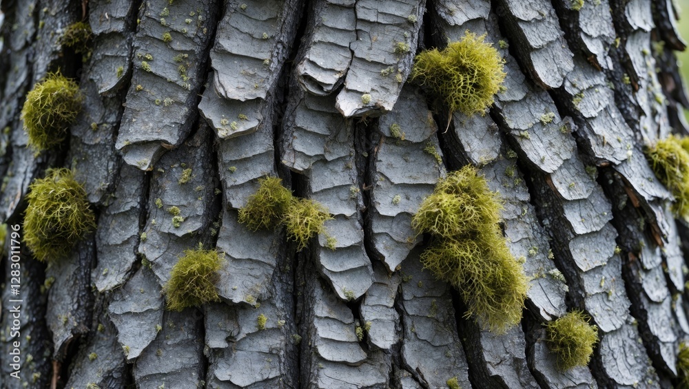 Poster close-up texture of tree bark showing detailed patterns and green moss growth in a natural environme