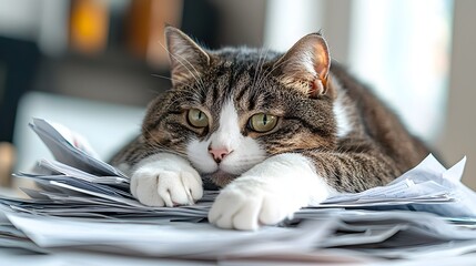 Tabby Cat Relaxing Amidst Pile of Paperwork on Cluttered Office Desk Highlighting the Contrast Between Feline Calm and Workplace Chaos