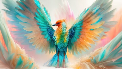 Obraz premium Vibrant abstract feather texture with colorful bird wings creating a soft and artistic background for creative design projects.