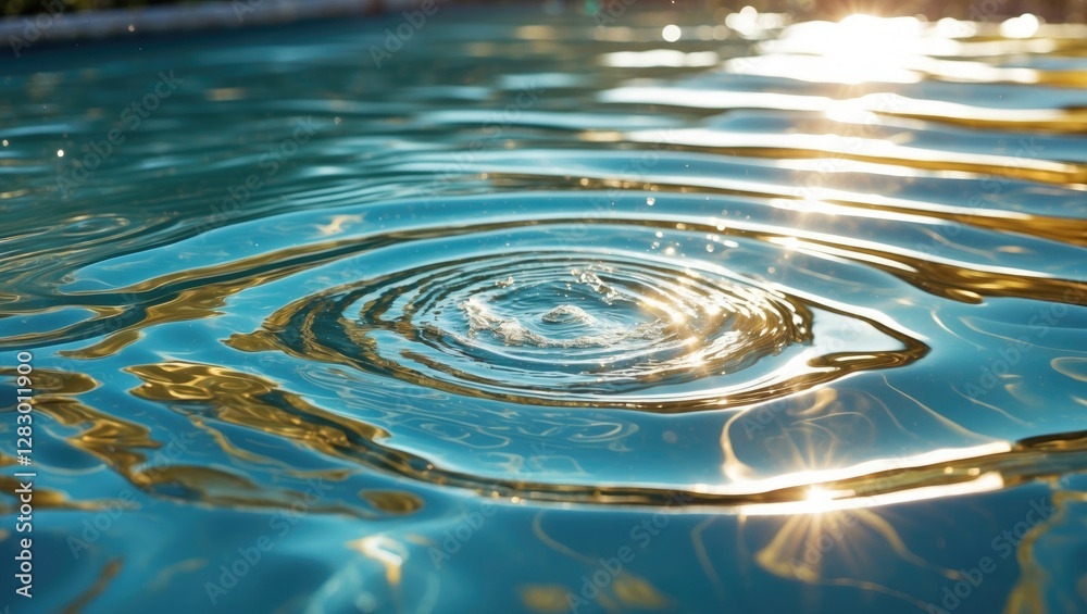 Poster Water ripples in a swimming pool with sunlight reflections creating a serene aquatic pattern and texture in the clear blue water.