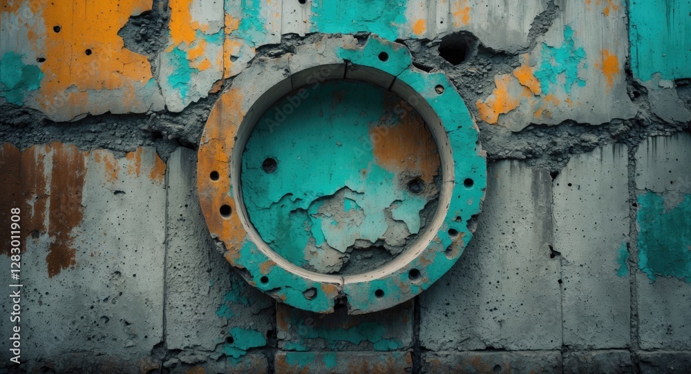 Poster abstract urban wall with circular feature and distressed surface in teal and orange tones showcasing