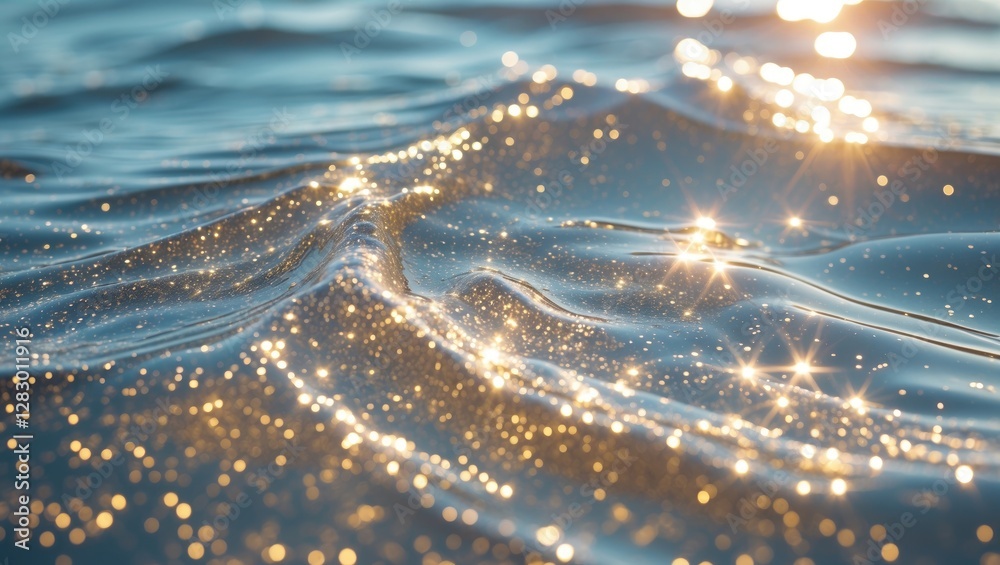 Leinwandbilder Close-up of shimmering water surface with sunlight reflections and golden sparkles creating an abstract sparkling effect.