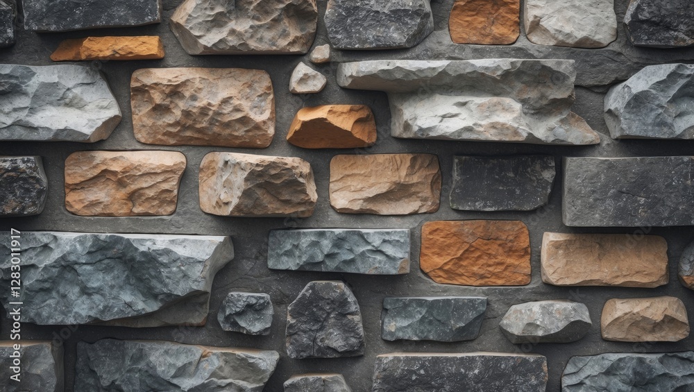 Poster textured stone wall consisting of various sizes and colors of stones with a blend of grey and orange