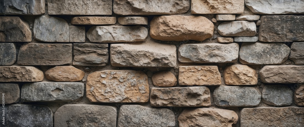 Poster Textured stone wall composed of various sizes and shapes of stones in earthy tones arranged uniformly in horizontal rows