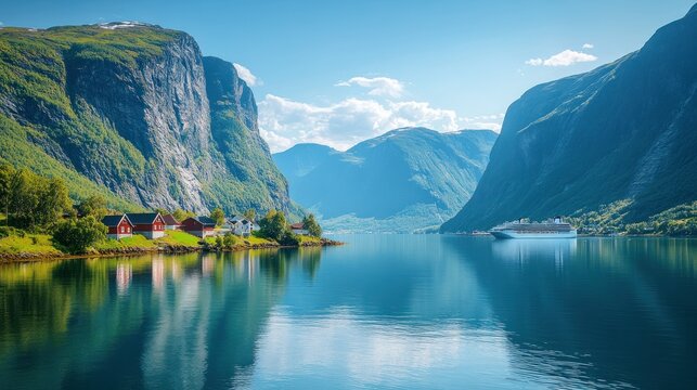 Norwegian fjord landscape with cruise ship, village, and mountains