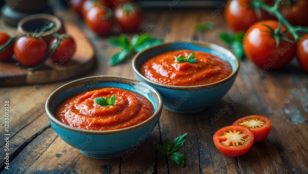 Aufkleber tomato sauce in two blue bowls with fresh tomatoes and herbs on a rustic wooden table setting