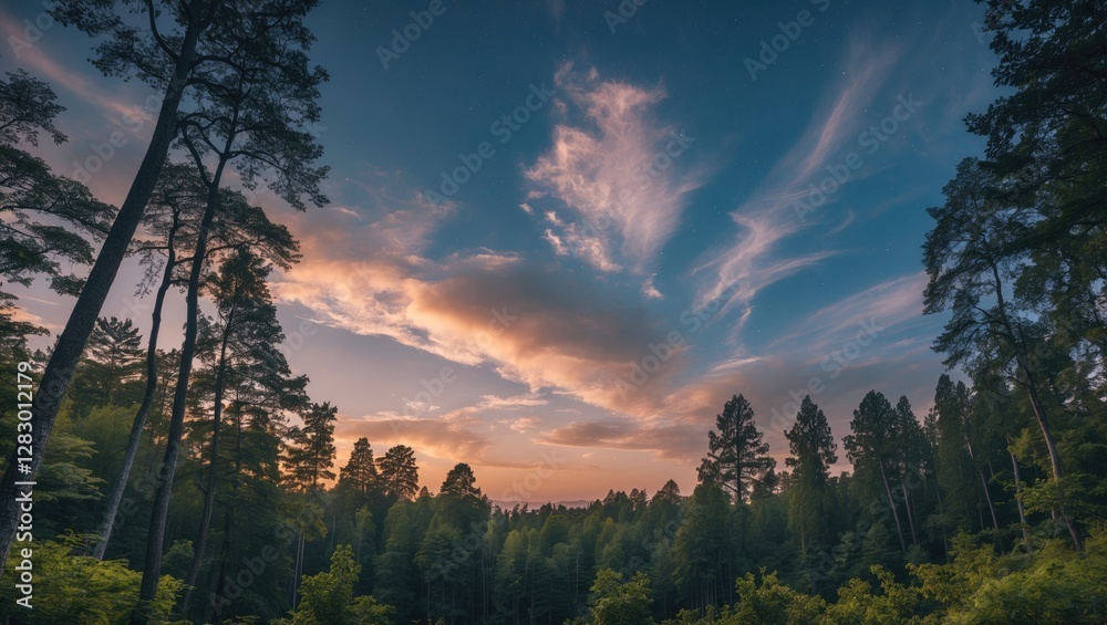 Poster Sunset over dense forest with dramatic clouds and clear sky in the background during twilight