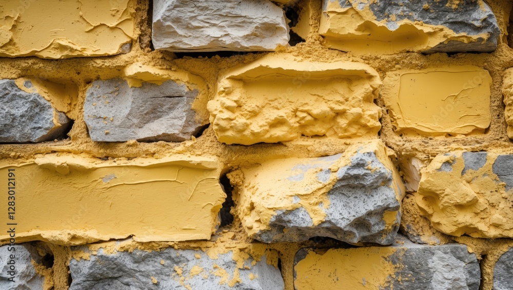Poster textured rustic wall featuring yellow-painted bricks and rough gray stones in a close-up view.