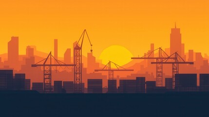 Obraz premium Container ship silhouette of industrial cranes concept. Silhouetted Cargo Ships at Sunset Against an Industrial Port Skyline