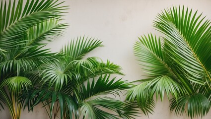 Lush Green Palm Leaves Against a Soft Background Ideal for Text Overlay and Banners in Nature and Tropical Themes