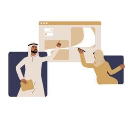 Arab Man And Woman Discussing Digital Project In Flat Vector Illustration Symbolizing Teamwork, Business Strategy, And Innovation, Isolated On White Background