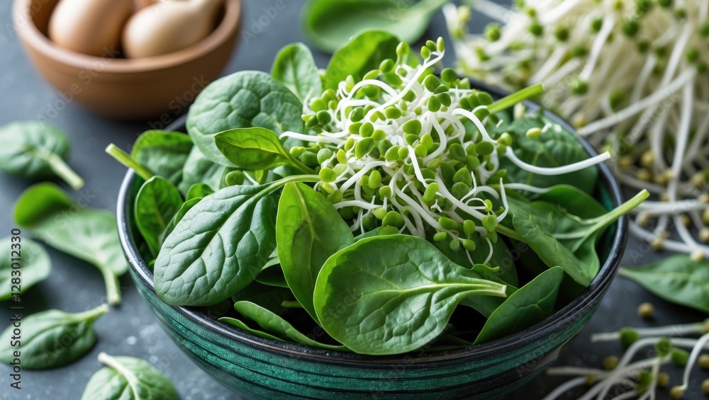 Poster fresh spinach leaves and bean sprouts in a bowl with eggs in the background on a textured surface