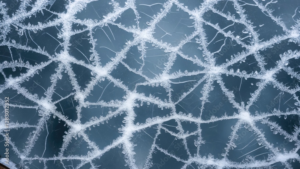 Poster Ice pattern with cracks and frost on frozen water surface creating intricate web-like design in natural winter scene.