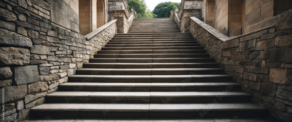 Poster stone staircase with multiple steps between textured stone walls surrounded by greenery in a quiet o