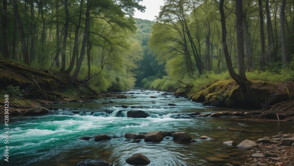 Poster River flowing through a lush green forest surrounded by trees and rocks with gentle ripples in calm water under soft natural lighting