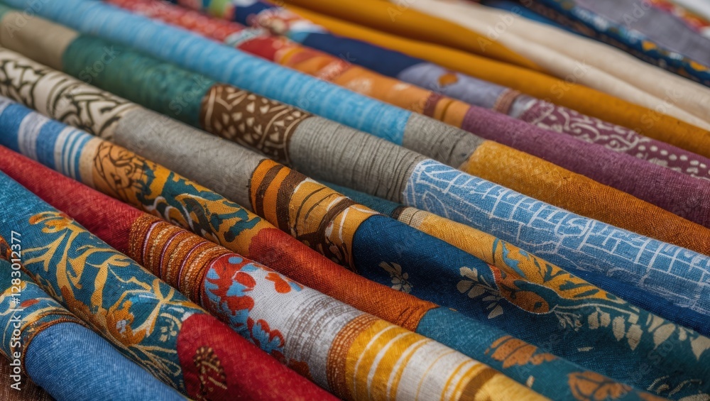Poster colorful patterned textile fabric rolls stacked in a parallel arrangement showcasing various designs