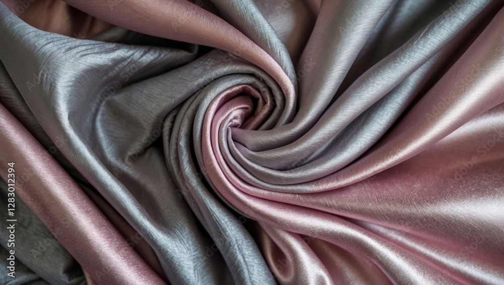 Aufkleber silk fabric in shades of grey and light pink elegantly twisted into a spiral pattern displaying text