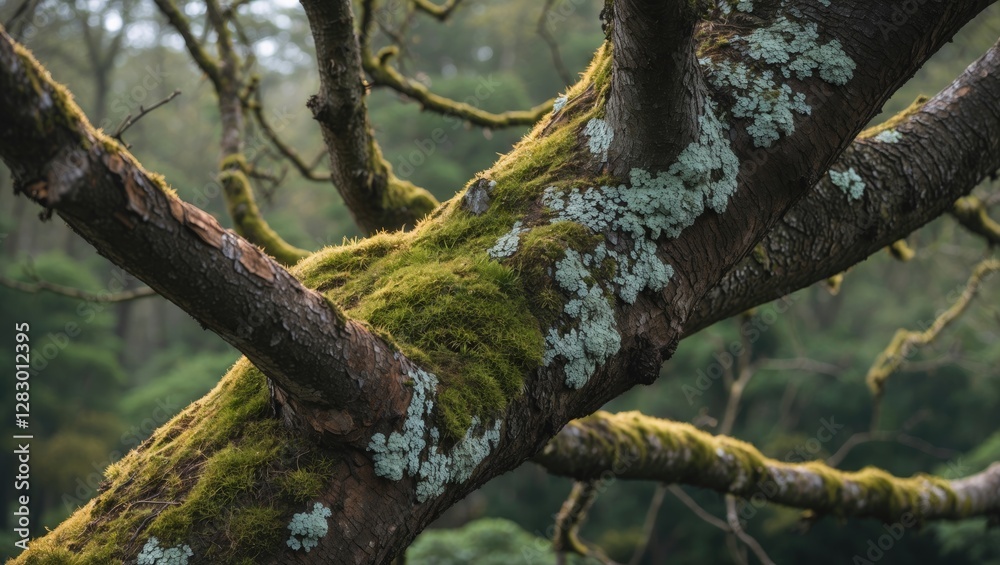 Aufkleber Moss and lichen covered tree branch in serene forest environment with blurred green background.  Natural textures and patterns in nature.