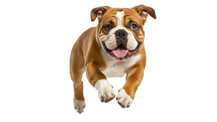 Happy bulldog jumping in mid air with joy