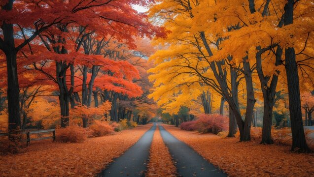Vibrant autumn scenery with colorful foliage lining a tranquil path through a serene landscape in warm tones of orange and red.