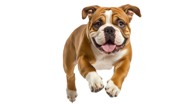 Happy bulldog jumping in mid air with joy