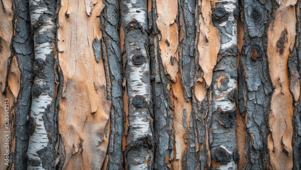 Poster close-up texture of tree bark showcasing various shades and patterns on vertical wooden panels