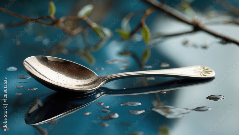 Poster Silver spoon placed on a reflective surface with raindrops and green leaves creating a serene composition.
