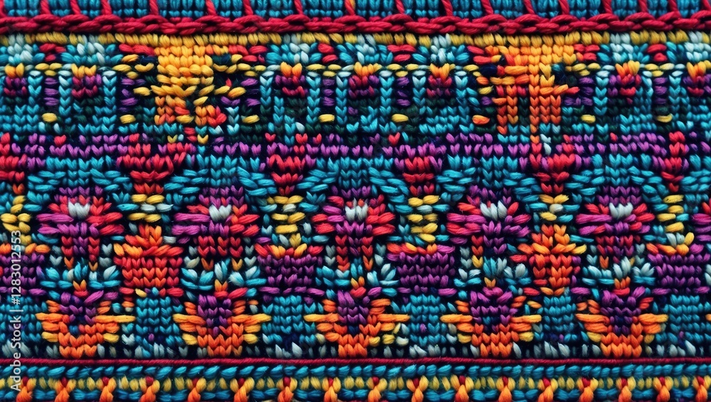 Poster vibrant multi-colored textile embroidery pattern with intricate geometric designs on a textured back