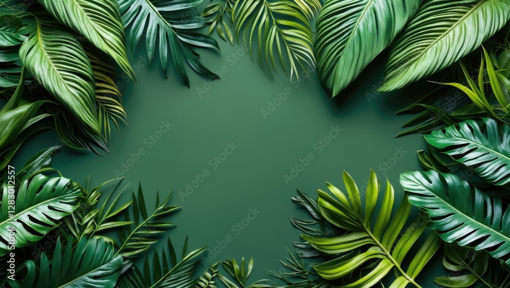 Poster green tropical leaves arrangement on solid background for nature and botanical themes. texture and l