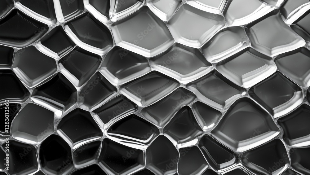 Poster patterned textured glass surface in monochrome with a unique hexagonal design showcasing depth and m