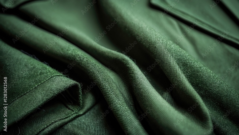 Poster close-up of textured green fabric with folds and creases in soft lighting